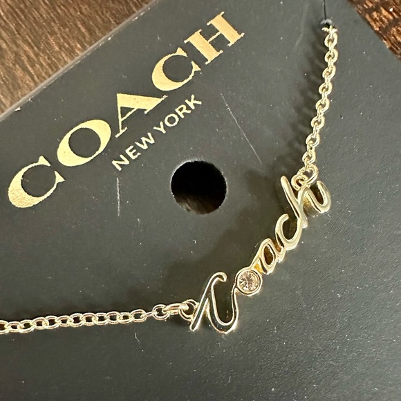 New Coach Logo Gold Script Necklace with Tag & Coach Card in Coach Polybag - Picture 1 of 10